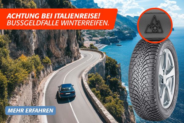 Ein Bild von einem Auto an der Küste mit der Aufschrift "Achtung bei Italienreise! Bussgeldfalle Winterreifen"