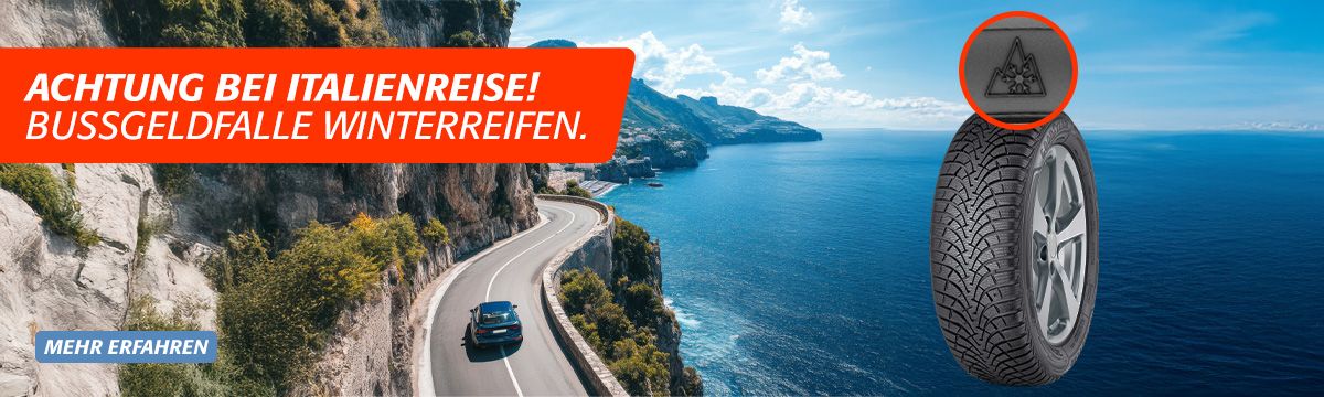 Ein Bild von einem Auto an der Küste mit der Aufschrift "Achtung bei Italienreise! Bussgeldfalle Winterreifen"